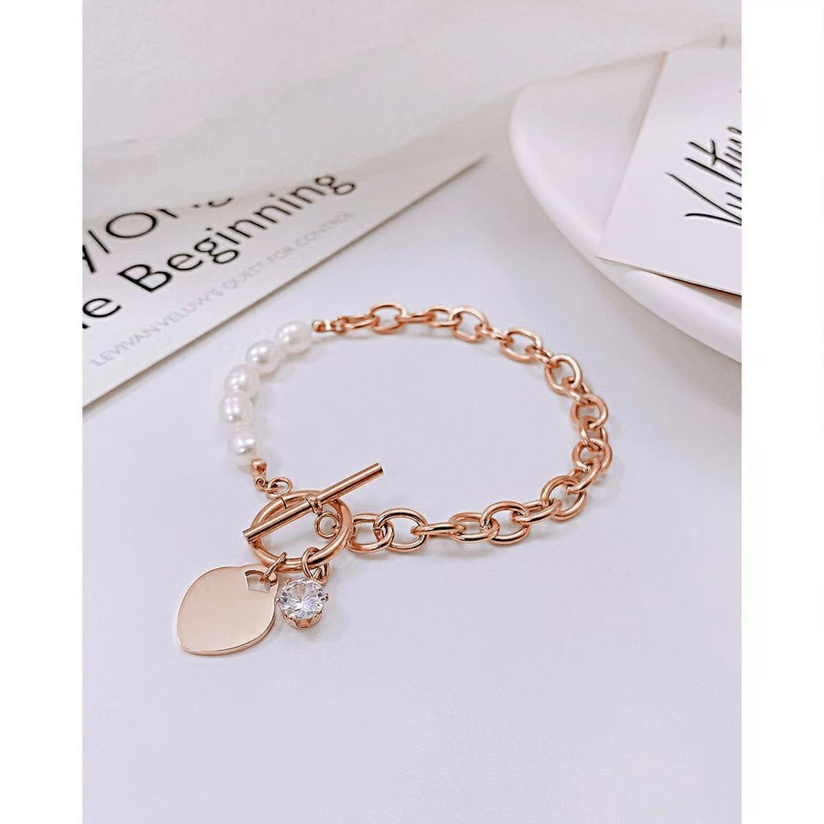 Heart Love Solitaire Pearl Links Toggle Clasp 18K Gold Stainless Steel Bracelet  Women