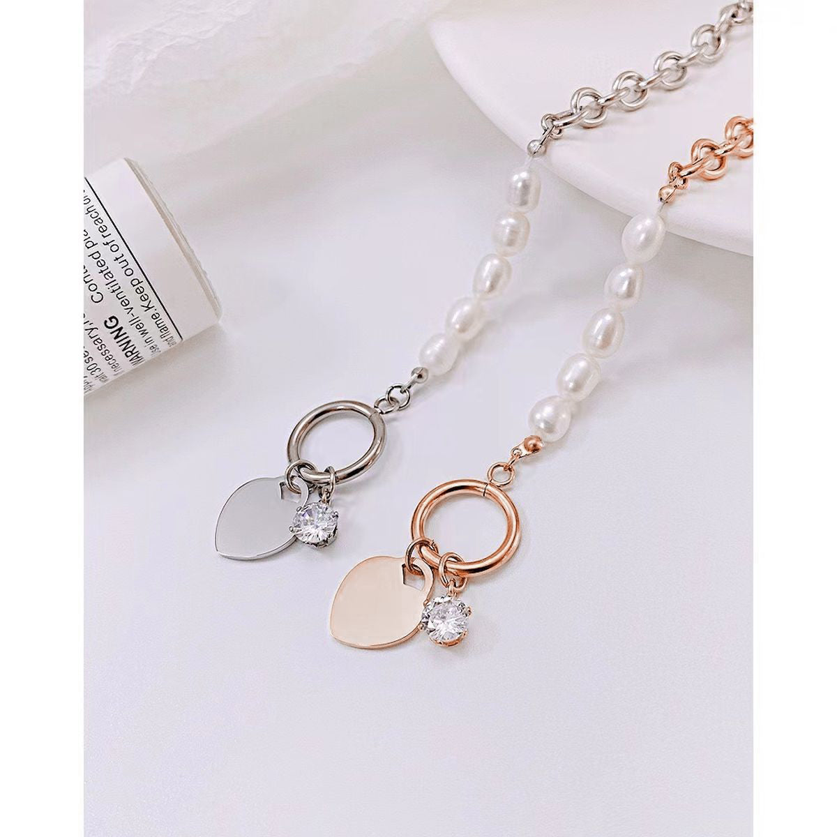 Heart Love Solitaire Pearl Links Toggle Clasp 18K Gold Stainless Steel Bracelet  Women