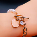 Heart Love Solitaire Pearl Links Toggle Clasp 18K Gold Stainless Steel Bracelet  Women