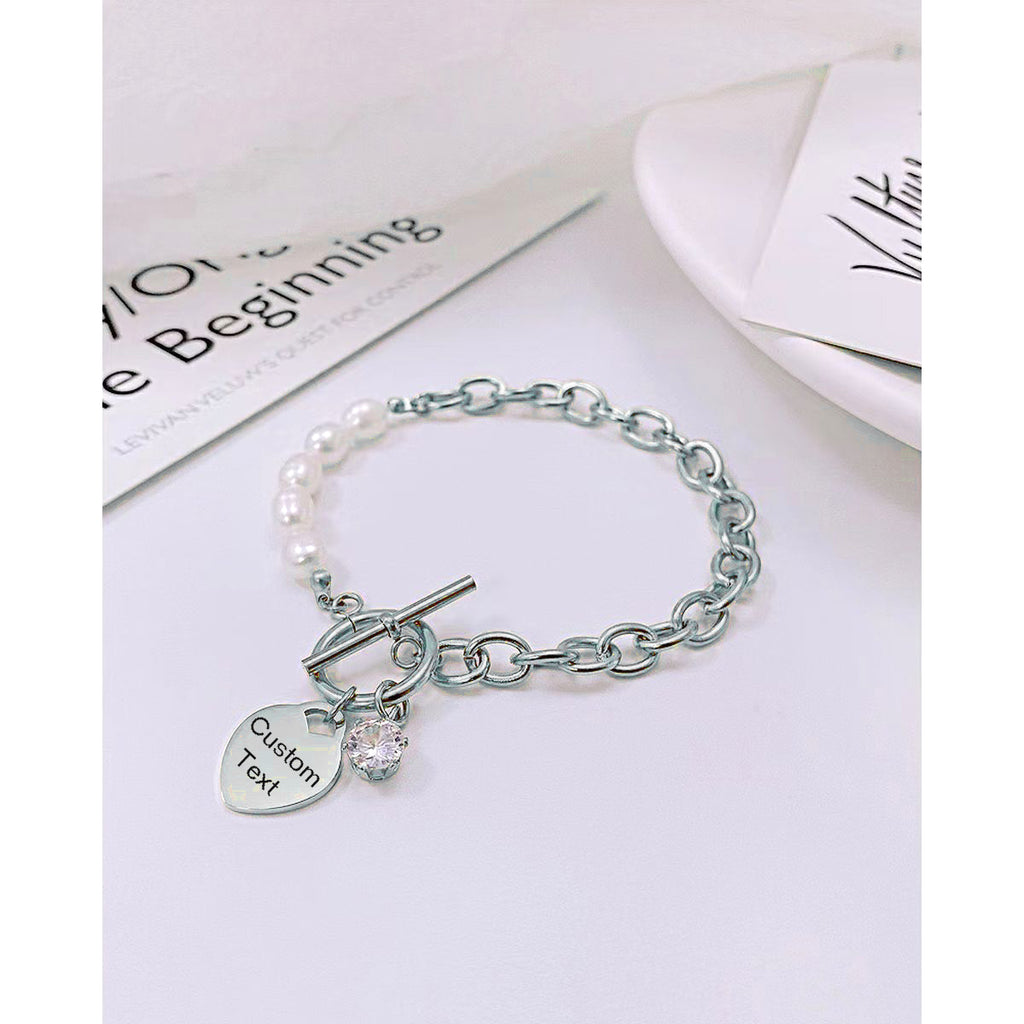 Heart Love Solitaire Pearl Links Toggle Clasp 18K Gold Stainless Steel Bracelet  Women