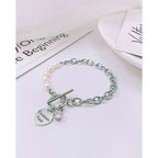 Heart Love Solitaire Pearl Links Toggle Clasp 18K Gold Stainless Steel Bracelet  Women
