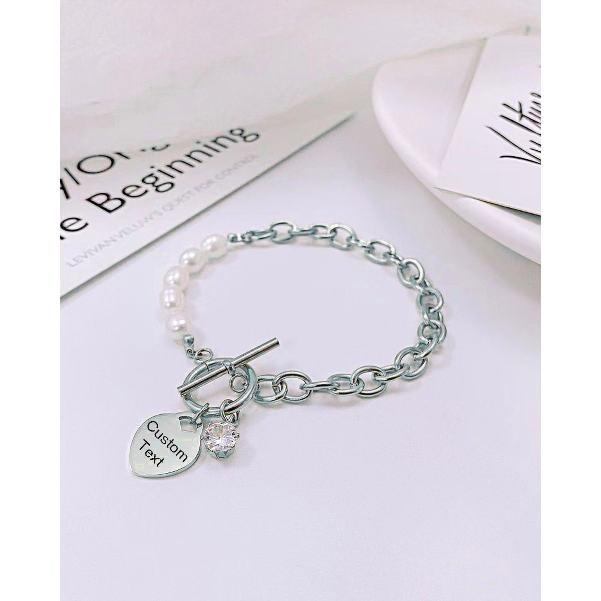 Heart Love Solitaire Pearl Links Toggle Clasp 18K Gold Stainless Steel Bracelet  Women