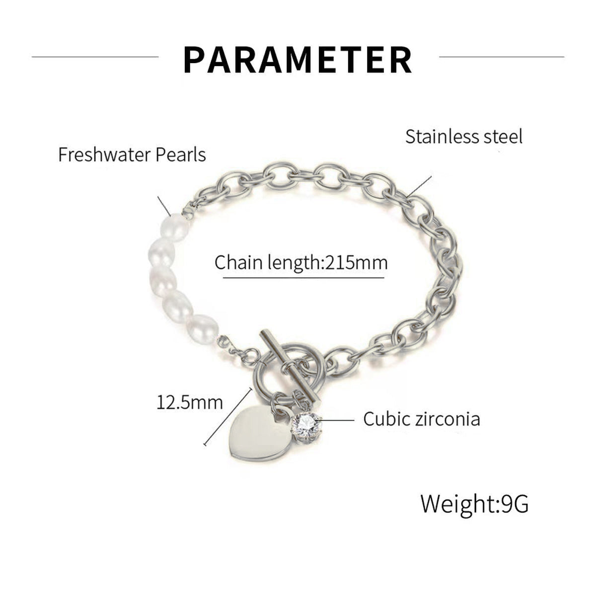 Heart Love Solitaire Pearl Links Toggle Clasp 18K Gold Stainless Steel Bracelet  Women