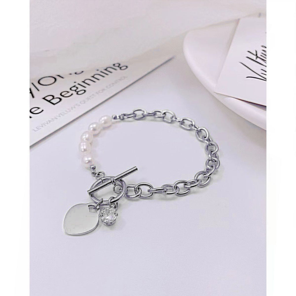 Heart Love Solitaire Pearl Links Toggle Clasp 18K Gold Stainless Steel Bracelet  Women