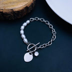 Heart Love Solitaire Pearl Links Toggle Clasp 18K Gold Stainless Steel Bracelet  Women