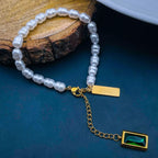 Love Green Emerald Pearl Links Toggle Clasp 18K Gold Stainless Steel Bracelet Women