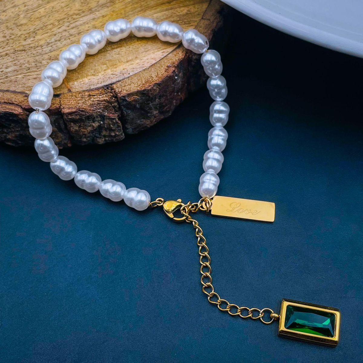 Love Green Emerald Pearl Links Toggle Clasp 18K Gold Stainless Steel Bracelet Women