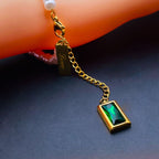 Love Green Emerald Pearl Links Toggle Clasp 18K Gold Stainless Steel Bracelet Women