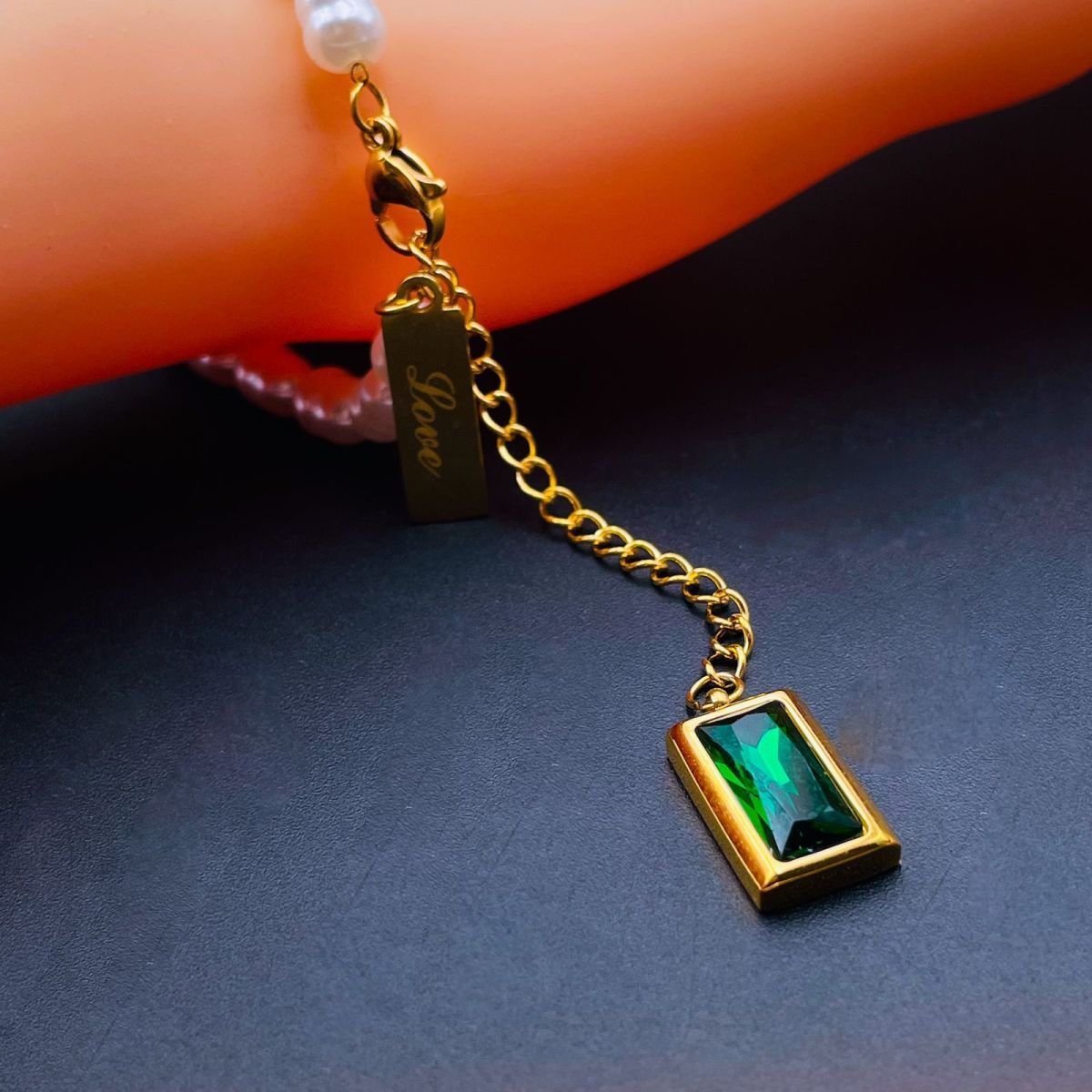 Love Green Emerald Pearl Links Toggle Clasp 18K Gold Stainless Steel Bracelet Women