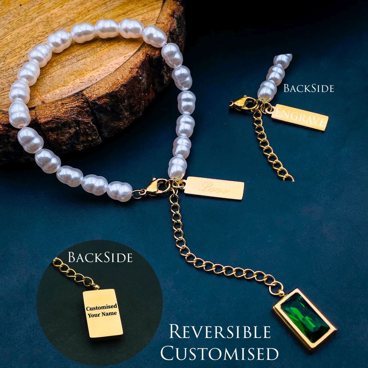 Love Green Emerald Pearl Links Toggle Clasp 18K Gold Stainless Steel Bracelet Women