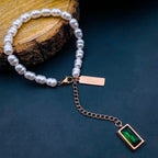 Love Green Emerald Pearl Links Toggle Clasp 18K Gold Stainless Steel Bracelet Women