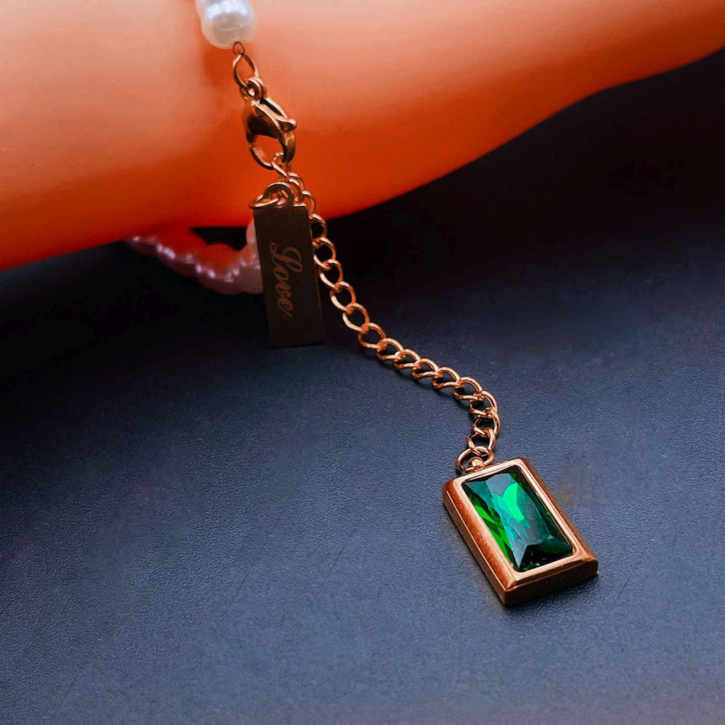 Love Green Emerald Pearl Links Toggle Clasp 18K Gold Stainless Steel Bracelet Women