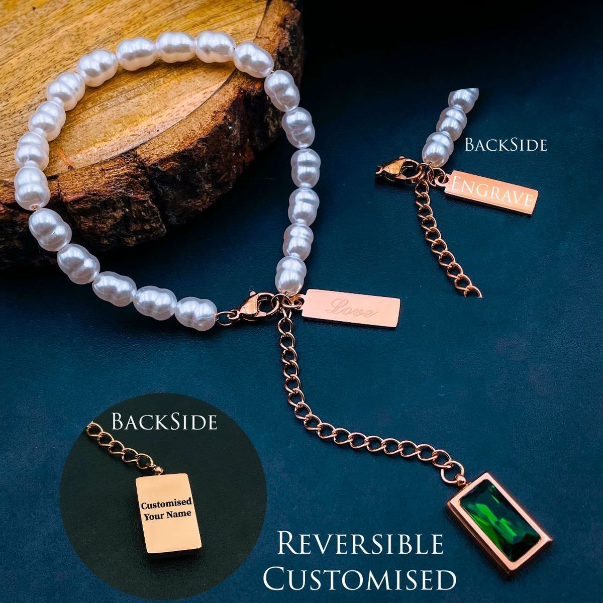 Love Green Emerald Pearl Links Toggle Clasp 18K Gold Stainless Steel Bracelet Women