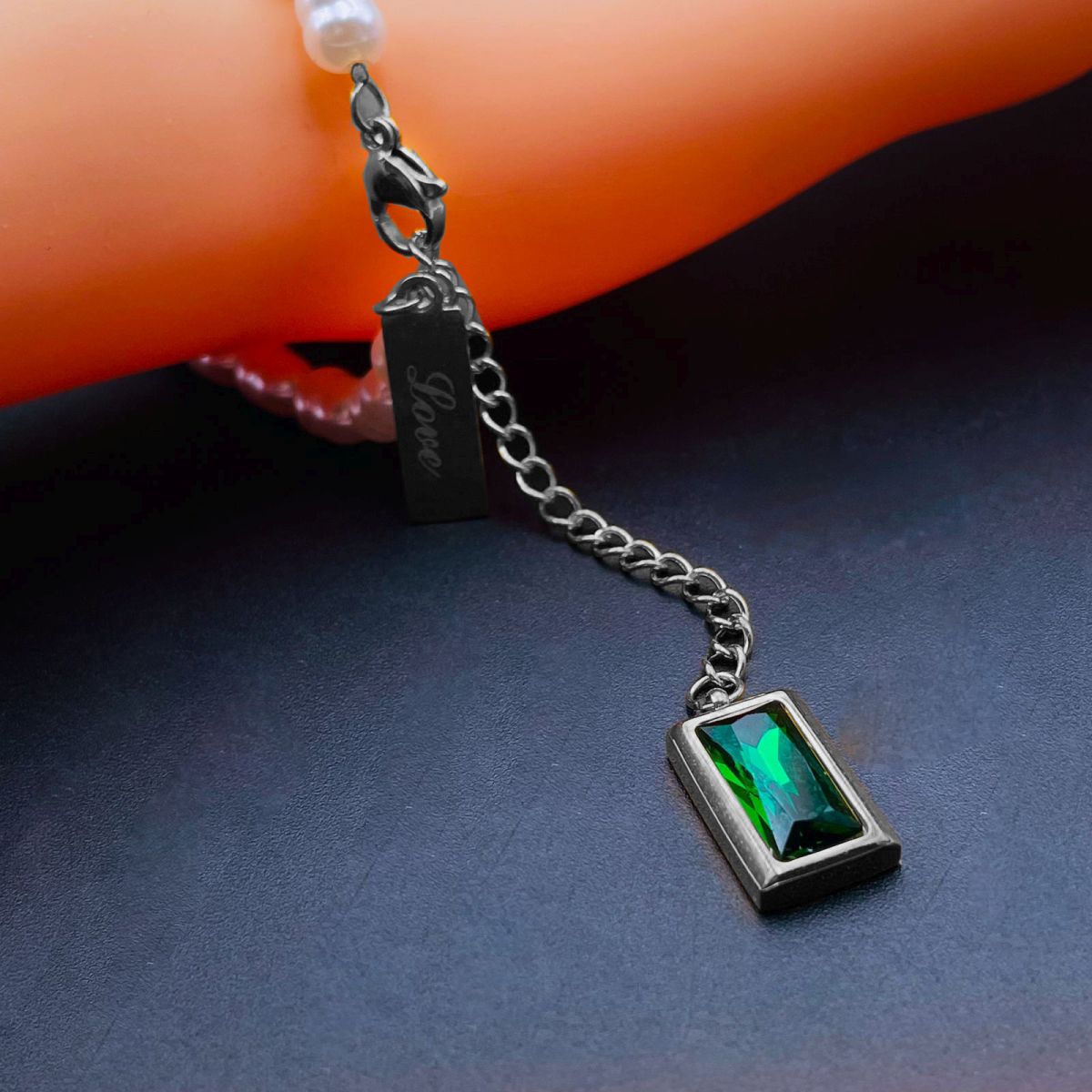 Love Green Emerald Pearl Links Toggle Clasp 18K Gold Stainless Steel Bracelet Women