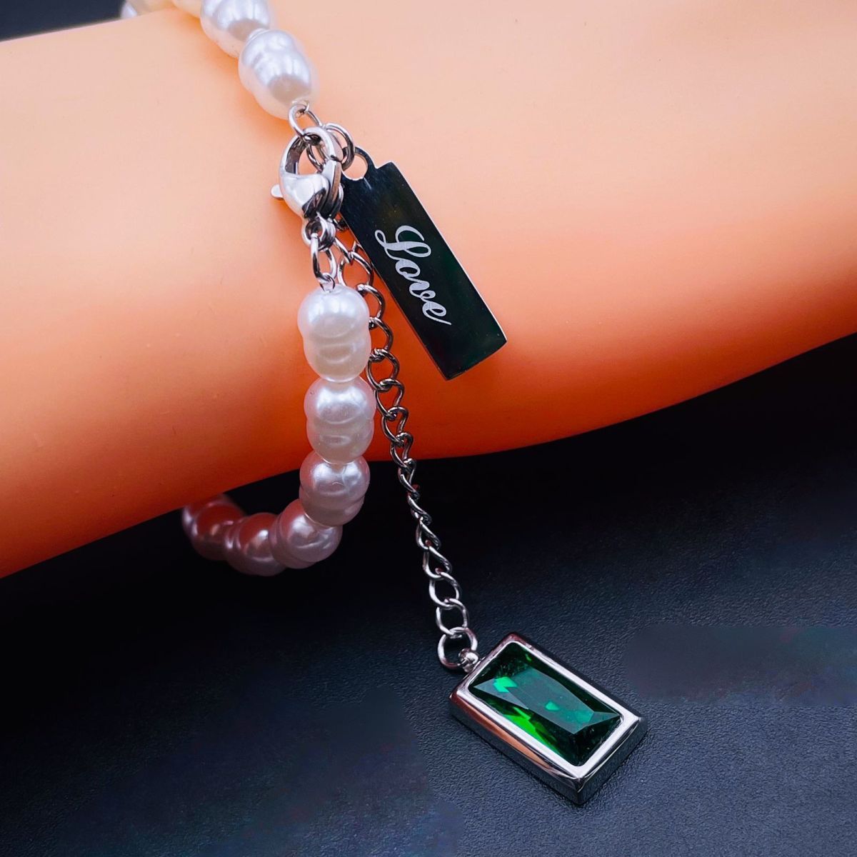 Love Green Emerald Pearl Links Toggle Clasp 18K Gold Stainless Steel Bracelet Women
