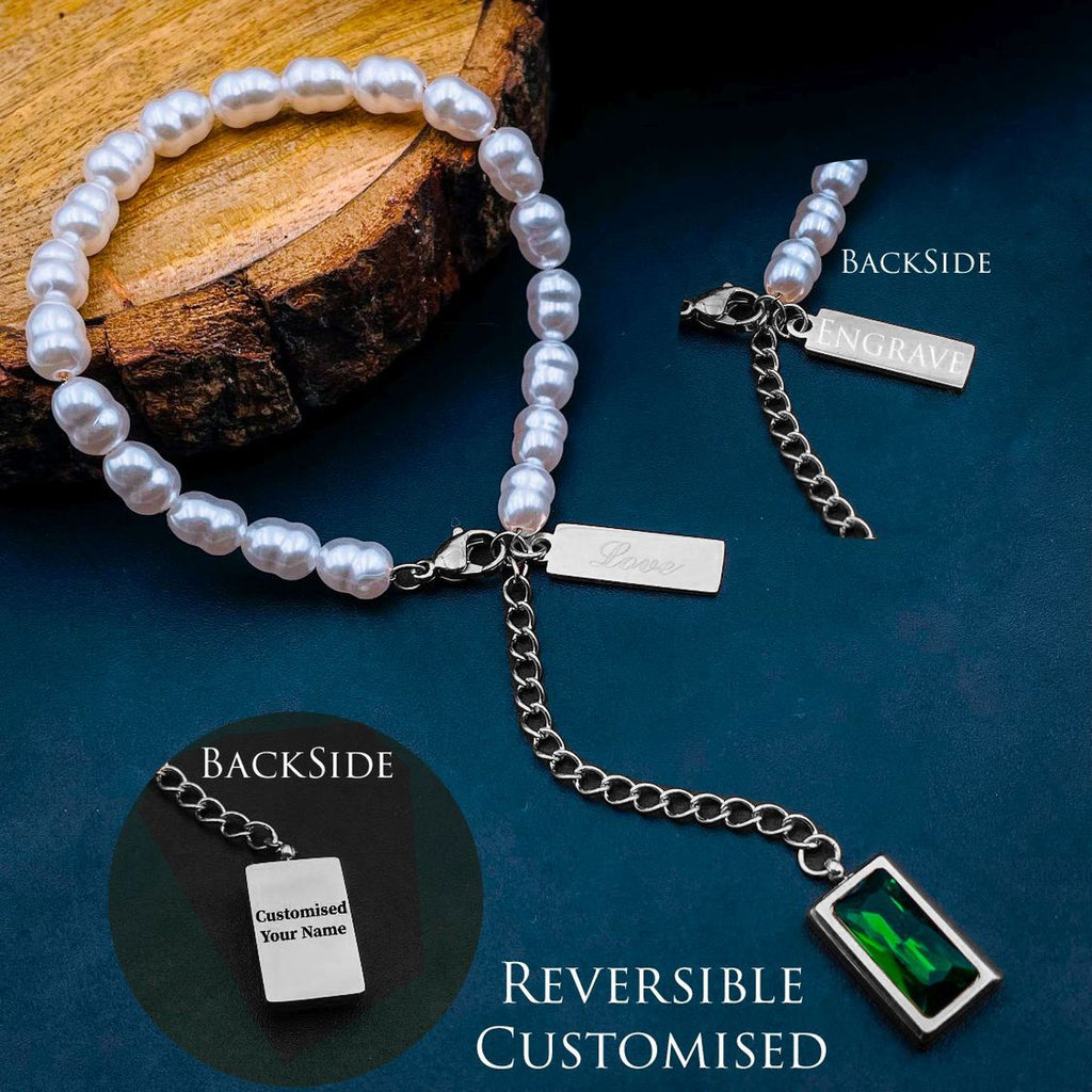 Love Green Emerald Pearl Links Toggle Clasp 18K Gold Stainless Steel Bracelet Women
