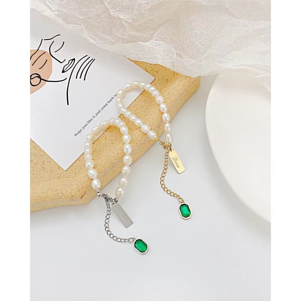 Love Green Emerald Pearl Links Toggle Clasp 18K Gold Stainless Steel Bracelet Women