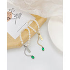 Love Green Emerald Pearl Links Toggle Clasp 18K Gold Stainless Steel Bracelet Women