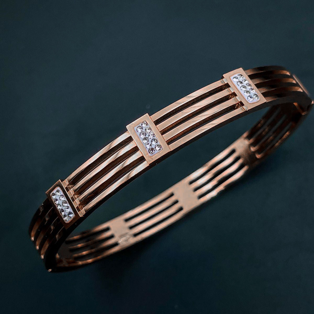Filigree Stainless Steel CZ Rose Gold Openable Bangle Kada Bulk Main image