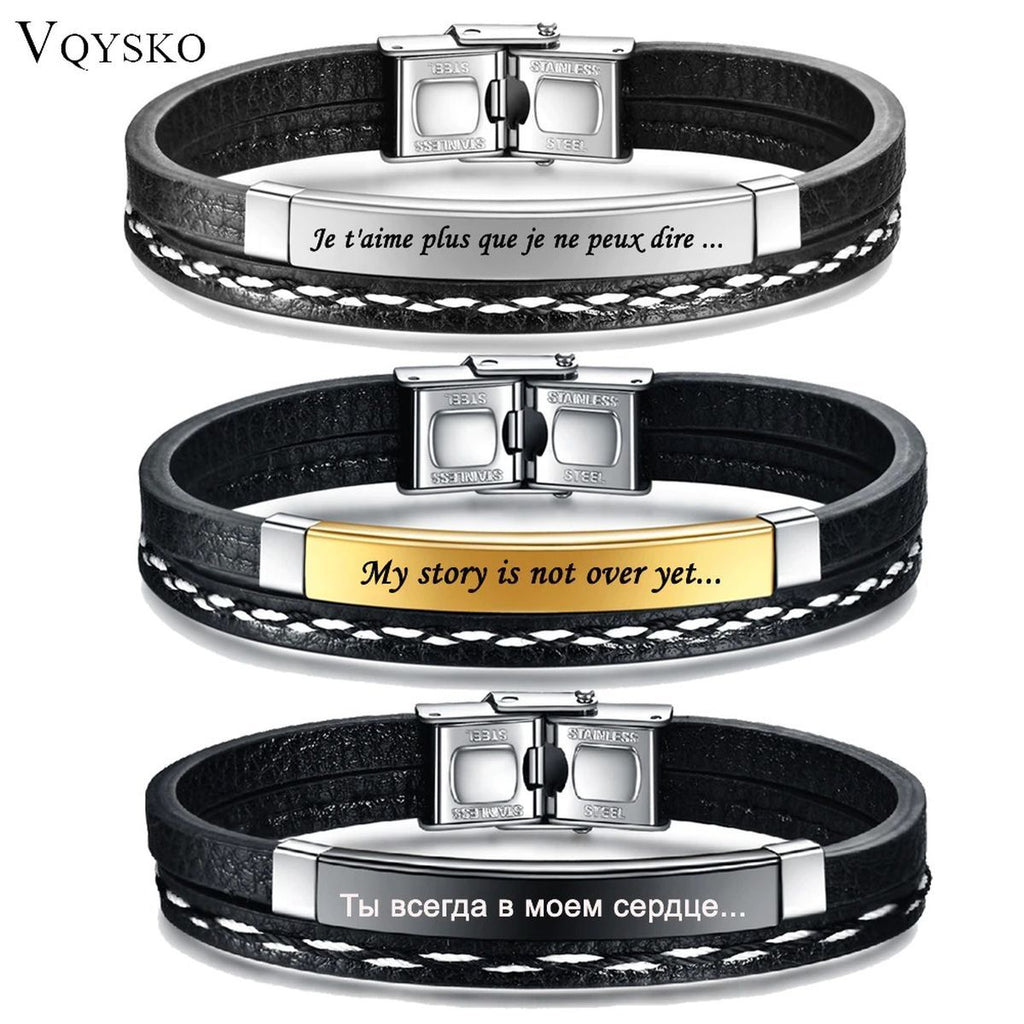 Stainless Steel Gold Black Customized Personalised Laser Engraved Leather Wrist Band ID Bracelet Men