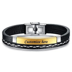 Stainless Steel Gold Black Customized Personalised Laser Engraved Leather Wrist Band ID Bracelet Men