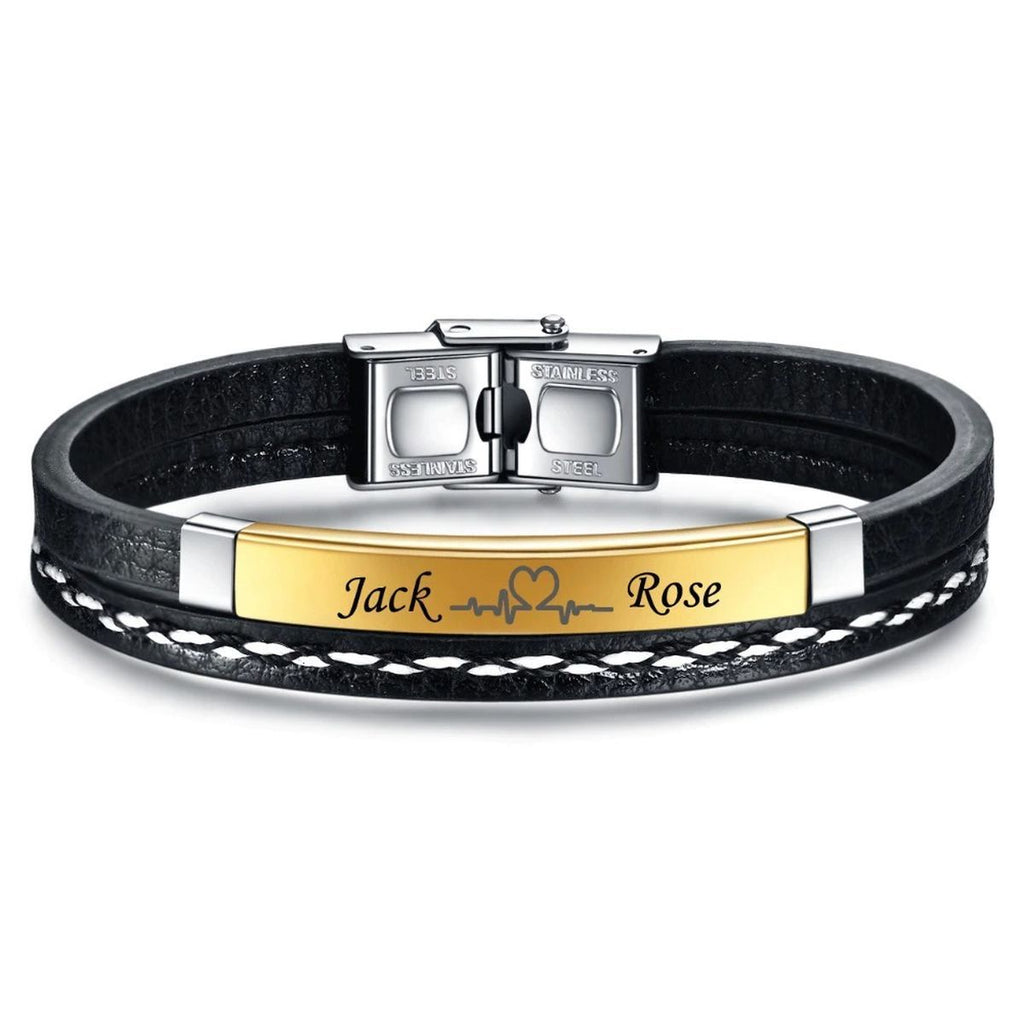 Stainless Steel Gold Black Customized Personalised Laser Engraved Leather Wrist Band ID Bracelet Men