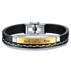 Stainless Steel Gold Black Customized Personalised Laser Engraved Leather Wrist Band ID Bracelet Men