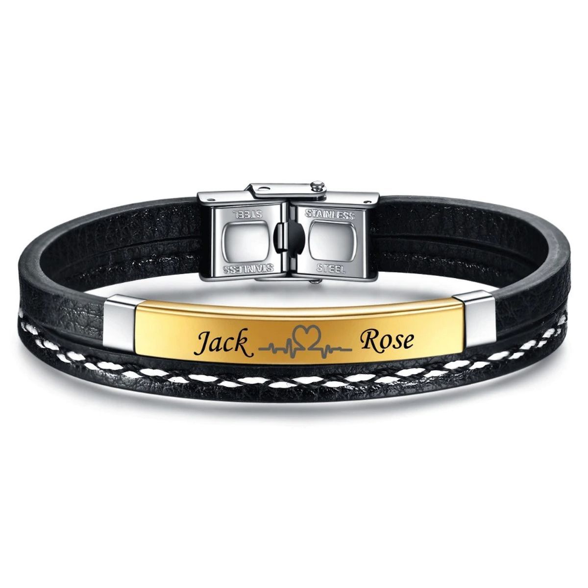 Stainless Steel Gold Black Customized Personalised Laser Engraved Leather Wrist Band ID Bracelet Men