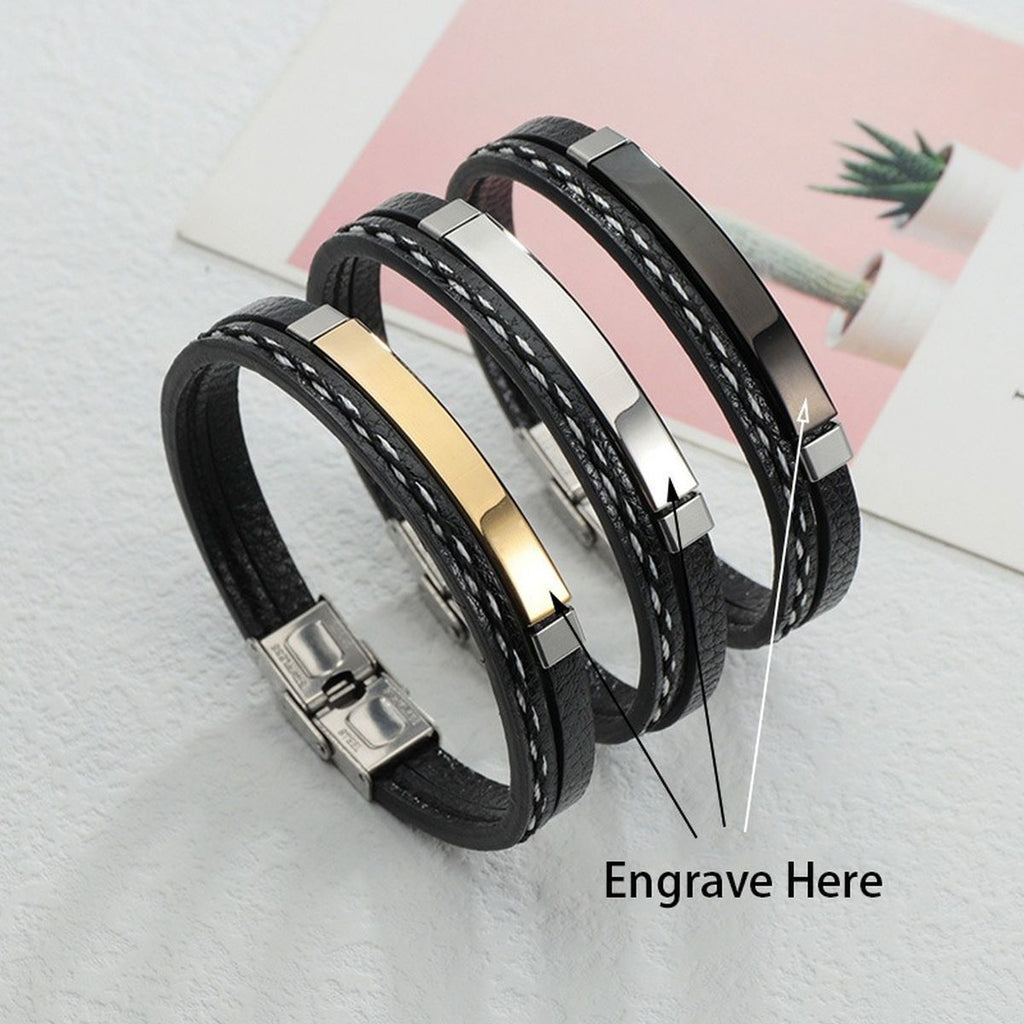 Stainless Steel Gold Black Customized Personalised Laser Engraved Leather Wrist Band ID Bracelet Men