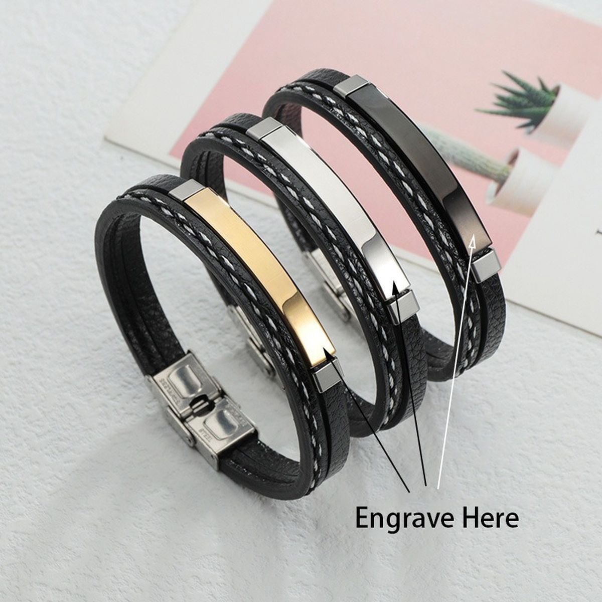 Stainless Steel Gold Black Customized Personalised Laser Engraved Leather Wrist Band ID Bracelet Men