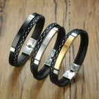 Stainless Steel Gold Black Customized Personalised Laser Engraved Leather Wrist Band ID Bracelet Men