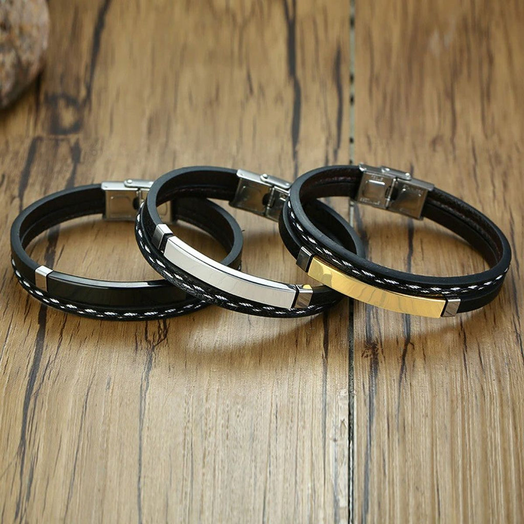 Stainless Steel Gold Black Customized Personalised Laser Engraved Leather Wrist Band ID Bracelet Men