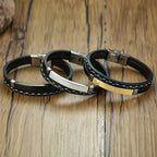 Stainless Steel Gold Black Customized Personalised Laser Engraved Leather Wrist Band ID Bracelet Men