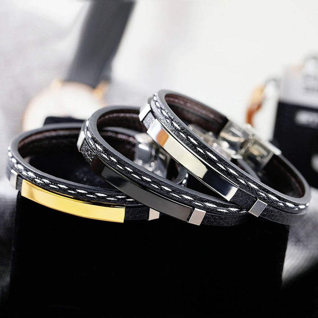 Stainless Steel Gold Black Customized Personalised Laser Engraved Leather Wrist Band ID Bracelet Men