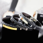 Stainless Steel Gold Black Customized Personalised Laser Engraved Leather Wrist Band ID Bracelet Men