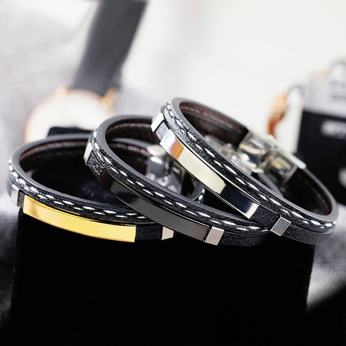 Stainless Steel Gold Black Customized Personalised Laser Engraved Leather Wrist Band ID Bracelet Men