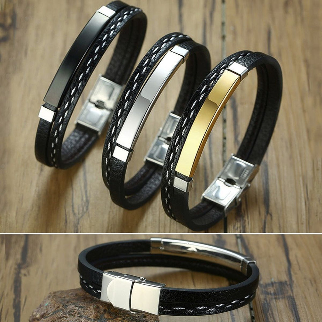 Stainless Steel Gold Black Customized Personalised Laser Engraved Leather Wrist Band ID Bracelet Men