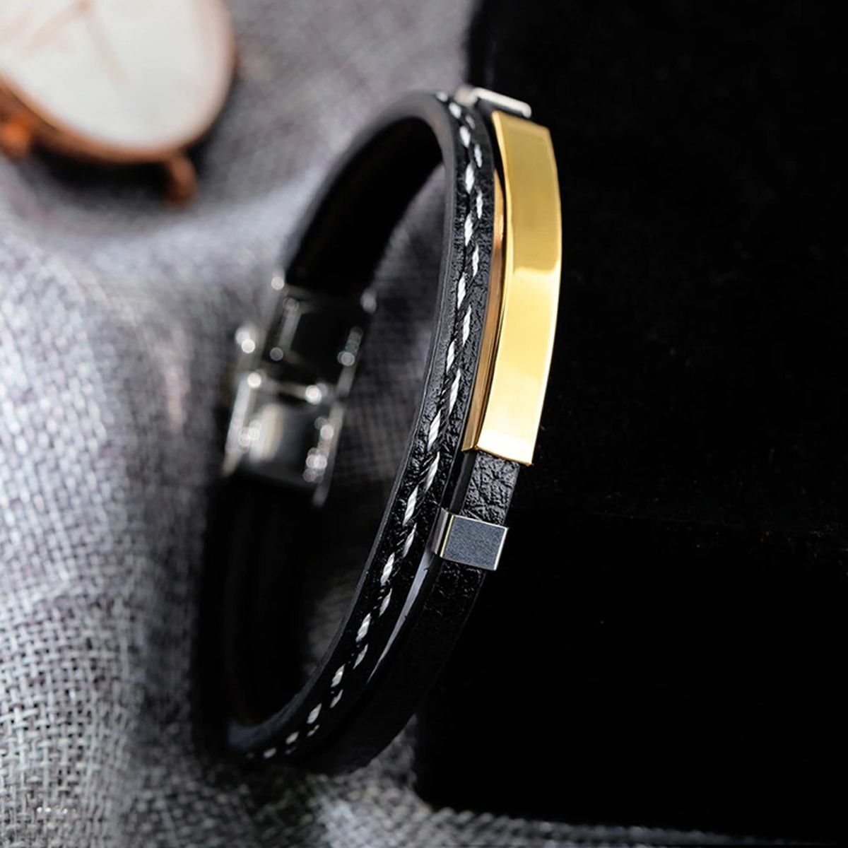 Stainless Steel Gold Black Customized Personalised Laser Engraved Leather Wrist Band ID Bracelet Men