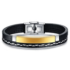 Stainless Steel Gold Black Customized Personalised Laser Engraved Leather Wrist Band ID Bracelet Men