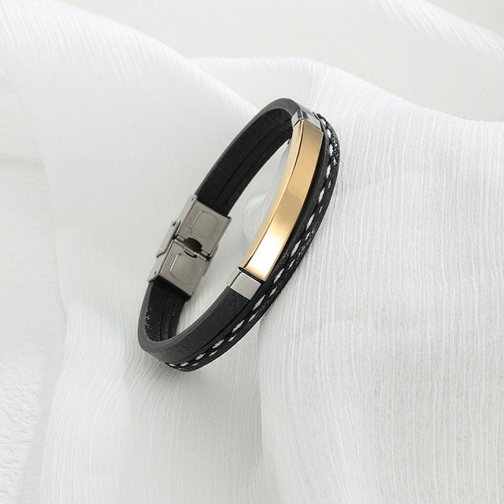 Stainless Steel Gold Black Customized Personalised Laser Engraved Leather Wrist Band ID Bracelet Men