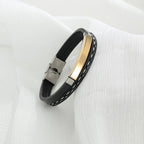 Stainless Steel Gold Black Customized Personalised Laser Engraved Leather Wrist Band ID Bracelet Men