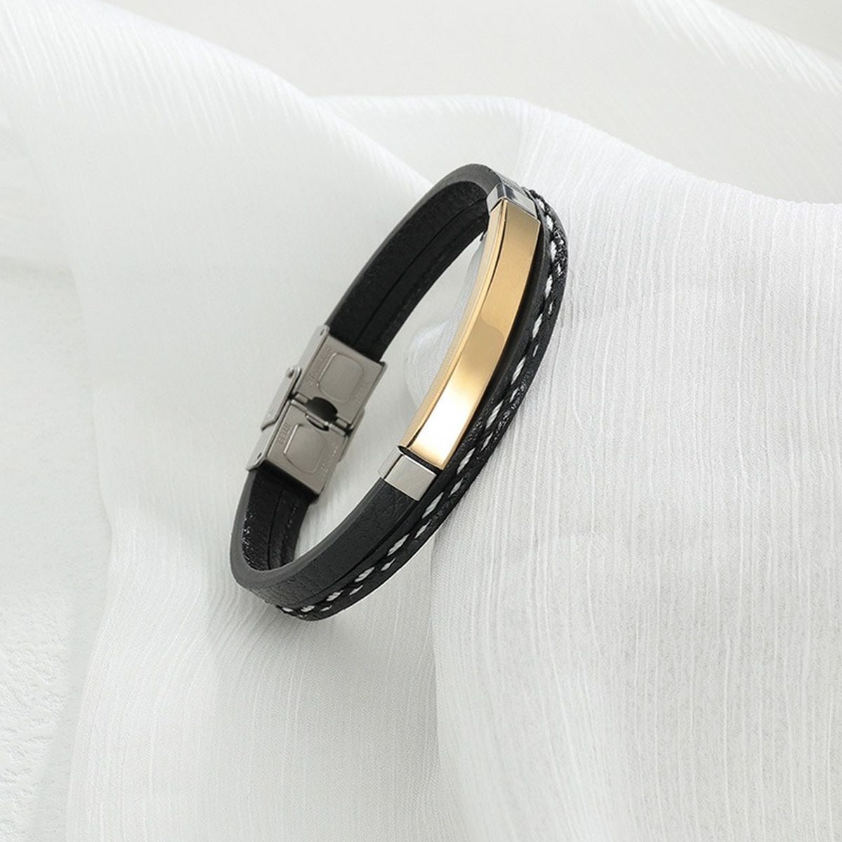 Stainless Steel Gold Black Customized Personalised Laser Engraved Leather Wrist Band ID Bracelet Men