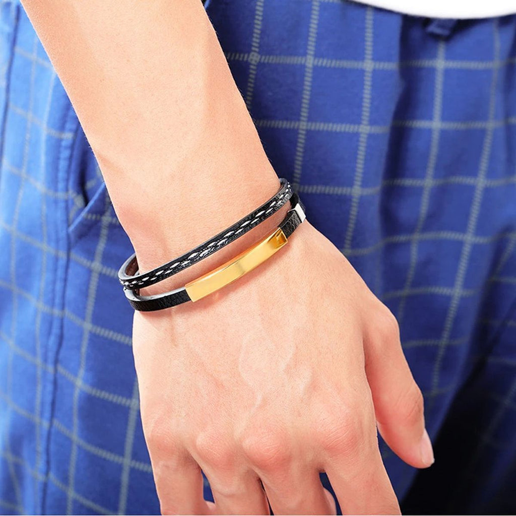 Stainless Steel Gold Black Customized Personalised Laser Engraved Leather Wrist Band ID Bracelet Men