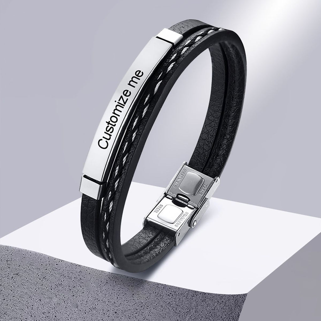 Stainless Steel Gold Black Customized Personalised Laser Engraved Leather Wrist Band ID Bracelet Men