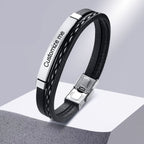 Stainless Steel Gold Black Customized Personalised Laser Engraved Leather Wrist Band ID Bracelet Men