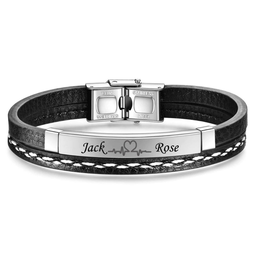 Stainless Steel Gold Black Customized Personalised Laser Engraved Leather Wrist Band ID Bracelet Men