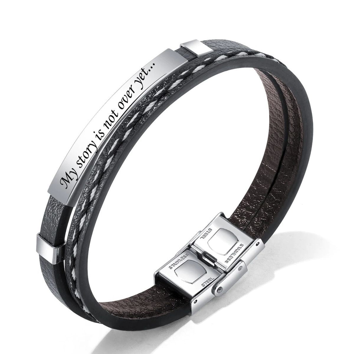 Stainless Steel Gold Black Customized Personalised Laser Engraved Leather Wrist Band ID Bracelet Men