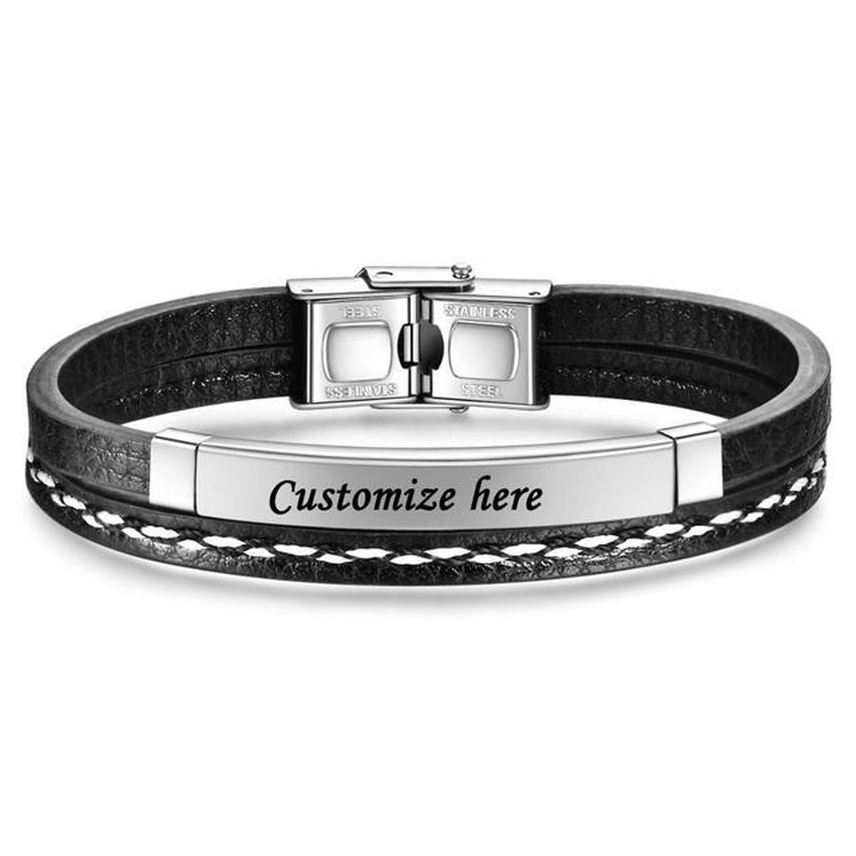 Stainless Steel Gold Black Customized Personalised Laser Engraved Leather Wrist Band ID Bracelet Men