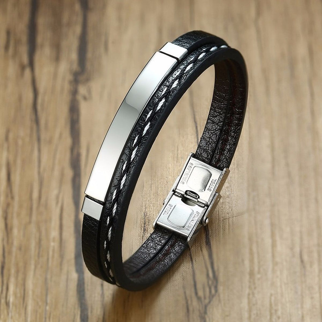 Stainless Steel Gold Black Customized Personalised Laser Engraved Leather Wrist Band ID Bracelet Men