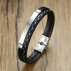 Stainless Steel Gold Black Customized Personalised Laser Engraved Leather Wrist Band ID Bracelet Men
